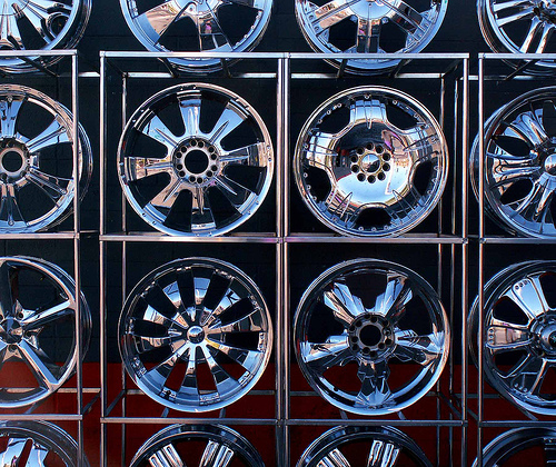 Chrome plated car wheels.
